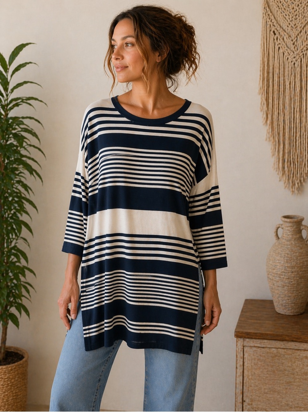 MIIK Navy and White Striped Tunic Top